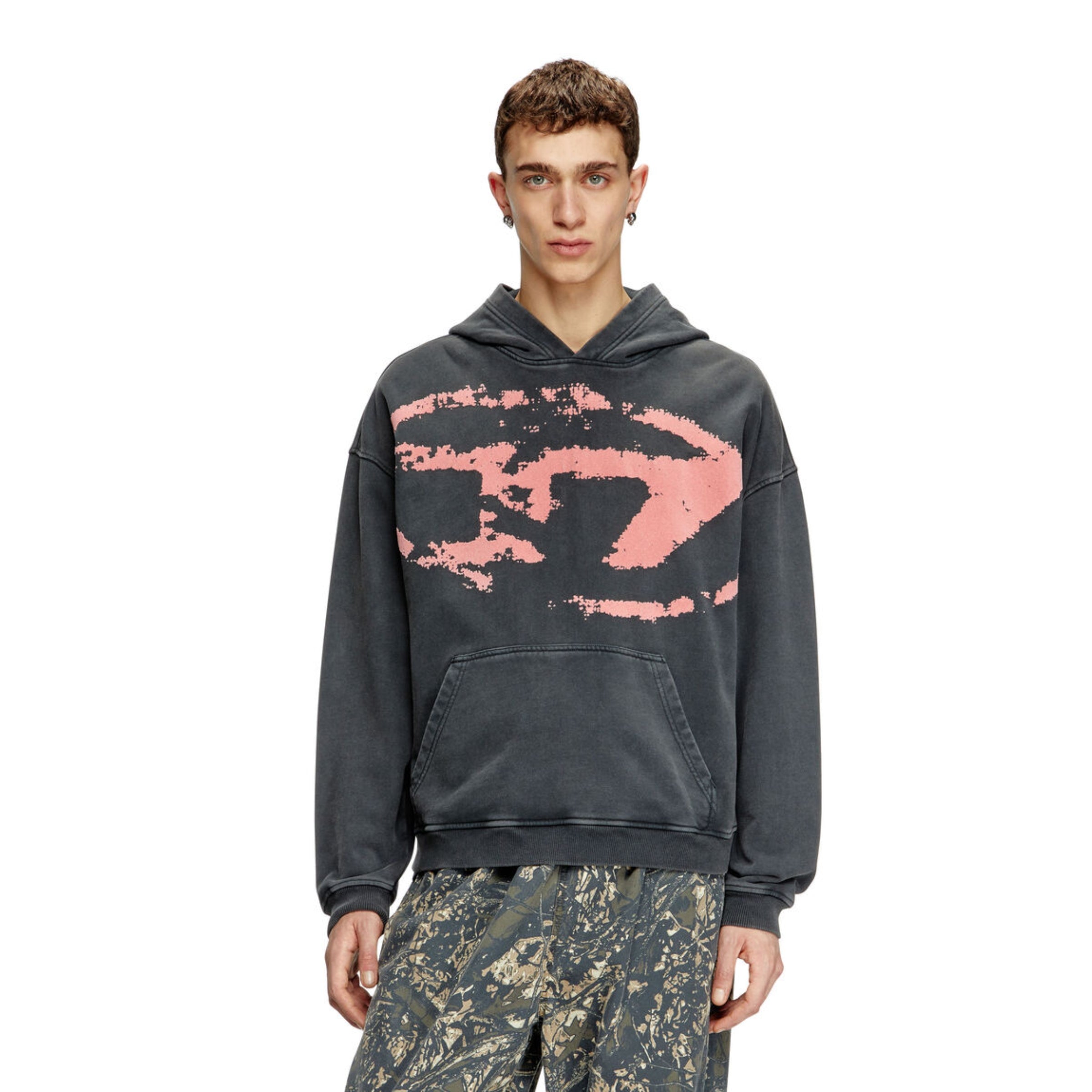 Diesel Sweatshirt Hooded Flocked Oval D Logo Black
